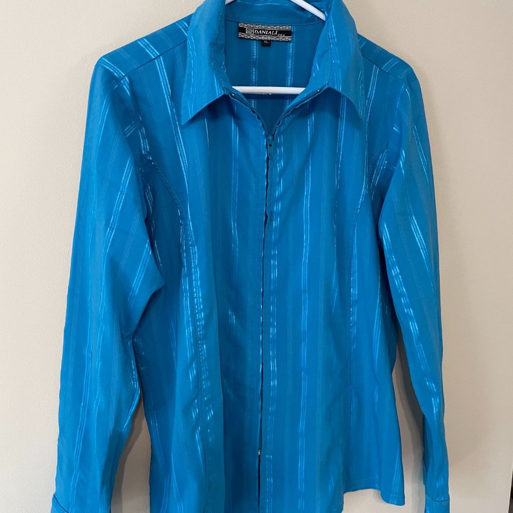 Daniali women’s XL aqua teal L/S zip-front shimmery striped blouse top - Picture 13 of 16